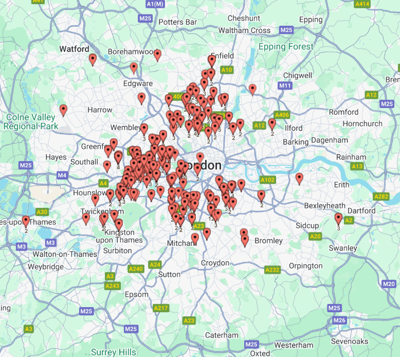 Map showing Grey & Associates service area across Greater London