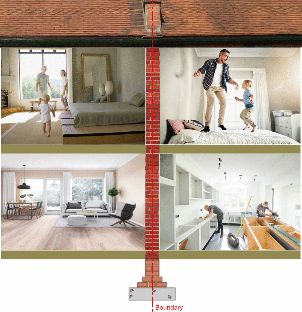 Cross section diagram showing a Type A party wall between two adjoining properties at 25 and 27 Example Avenue